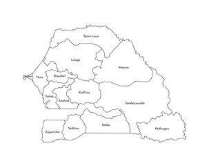 Vector isolated illustration of simplified administrative map of Senegal. Borders and names of the regions. Black line silhouettes