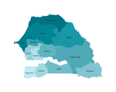 Vector isolated illustration of simplified administrative map of Senegal. Borders and names of the regions. Colorful blue khaki silhouettes