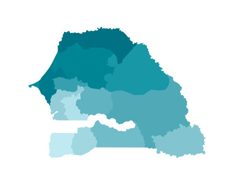 Vector isolated illustration of simplified administrative map of Senegal. Borders of the regions. Colorful blue khaki silhouettes
