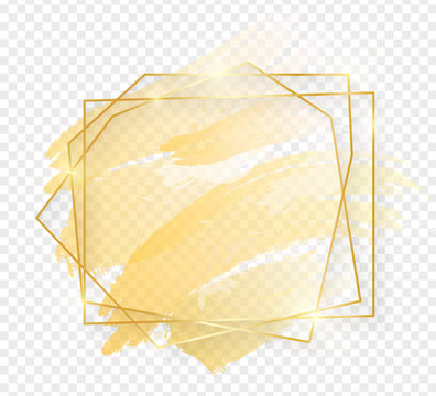 Gold shiny glowing art frame with golden brush strokes isolated on transparent background. Golden luxury line border for invitation, card, sale, fashion, wedding, photo etc. Vector illustration