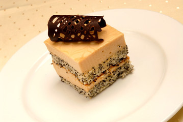 Slice of delicious coconut cake on a white plate