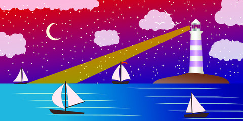 Sea landscape with lighting lighthouse. Dark sky moon and stars. Sailing ships regatta. Navigational and travel concept