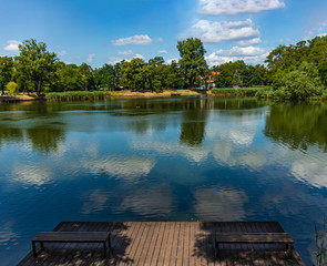 Benches on the pier near the lake
