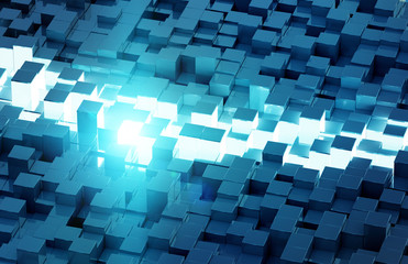 Glowing black and blue squares background pattern 3D rendering