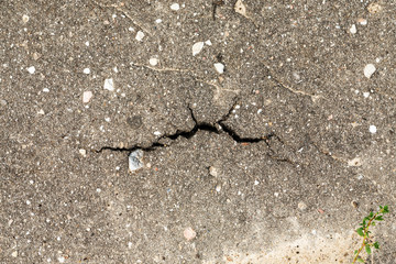 Big crack in sidewalk, top view, close-up shot