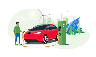 Electric suv car charging at the charger station with a young man holding the cable. Wind turbines and solar panels with green city skyline in background. Isolated flat vector illustration concept. 