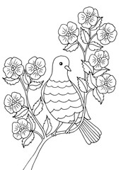 Bird sitting on a branch, coloring page