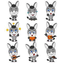 Collection of funny donkey in cartoon style in different poses and with musical instruments