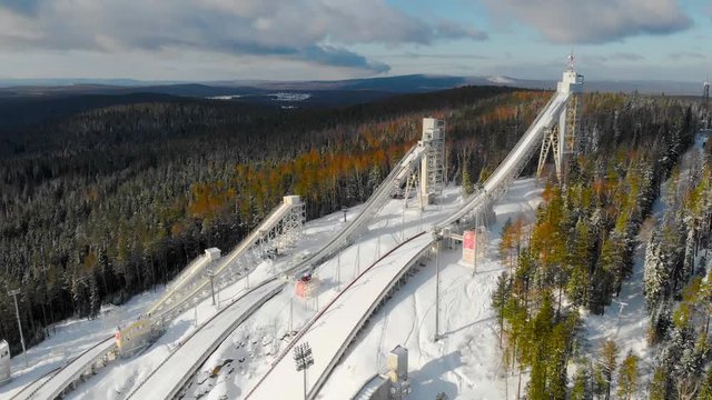 Ski jumping from the 90-meter springboard. aerial survey