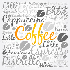 List of coffee drinks words cloud collage, poster background