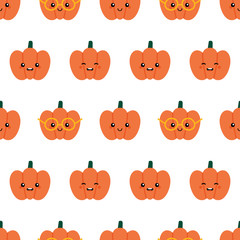 Vector seamless pattern background with cute and happy cartoon pumpkin characters for autumn, harvest, thanksgiving day design.