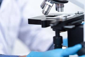 close-up of Microscope lens, science tools microscope in laboratory