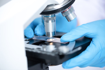 close-up of Microscope lens, science tools microscope in laboratory