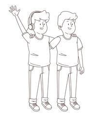 Teenagers friends smiling and having fun cartoon in black and white