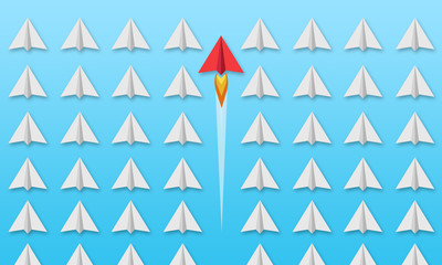 Illustration with paper planes on blue sky background metaphor for business solution and leadership