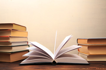 Education learning concept with opening book or textbook in old library, - Image