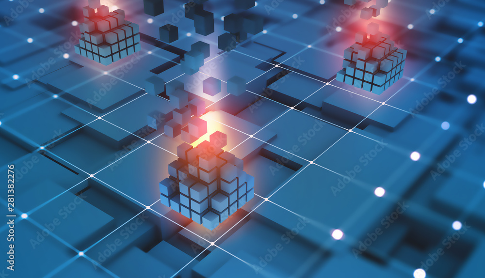 Leinwandbilder Database in global cyberspace 3D illustration. New power quantum processor. Blockchain technology and network security