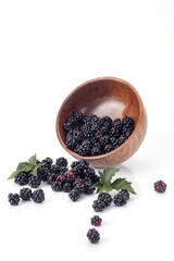 Fototapeta na wymiar Blackberries in a wooden bow. Ripe and tasty black berry isolated on white. Blackberries on a white background.