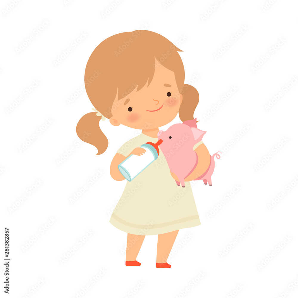 Sticker Cute Little Girl Feeding Piglet with Bottle of Milk, Adorable Kid Caring for Animal at Farm Cartoon Vector Illustration