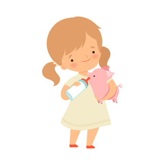 Cute Little Girl Feeding Piglet with Bottle of Milk, Adorable Kid Caring for Animal at Farm Cartoon Vector Illustration
