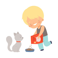 Cute Smiling Little Boy Feeding His Kitten, Adorable Kid Caring for Animal Cartoon Vector Illustration