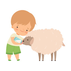 Cute Little Boy Feeding Lamb with Milk Bottle, Adorable Kid Caring for Animal at Farm Cartoon Vector Illustration