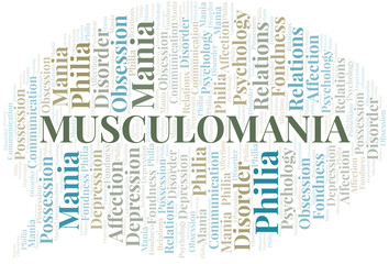 Musculomania word cloud. Type of mania, made with text only.