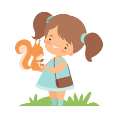 Cute Little Girl Feeding Squirrel, Adorable Kid Caring for Animal Cartoon Vector Illustration