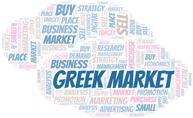 Greek Market word cloud. Vector made with text only.