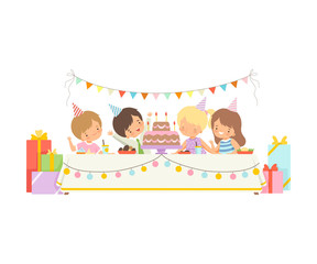 Cute Boys and Girls in Party Hats Sitting at Festive Table, Adorable Girl Blowing Candles on Festive Cake, Happy Birthday Party Celebration Vector Illustration