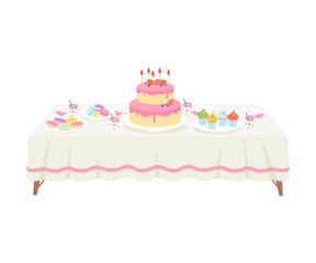 Festive Table with White Tablecloth Setting with Cake with Candles and Sweets Vector Illustration