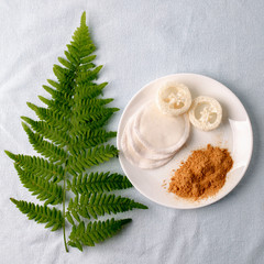 Natural cleaning products mustard powder with natural luffa and cotton sponge. Eco friendly. Zero waste concept. Plastic free.