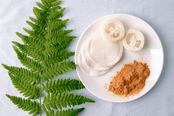 Natural cleaning products mustard powder with natural luffa and cotton sponge. Eco friendly. Zero waste concept. Plastic free.