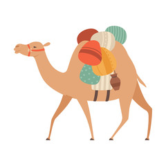 Camel with Bridle and Saddle, Desert Animal Carrying Heavy Load, Side View Vector Illustration