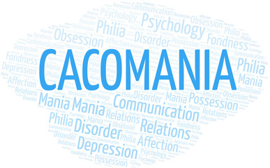 Cacomania word cloud. Type of mania, made with text only.