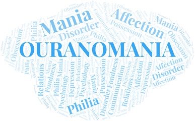 Ouranomania word cloud. Type of mania, made with text only.