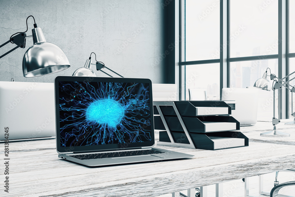 Aufkleber desktop interior with computer, table and chair. data theme brain drawing on screen. 3d rendering.
