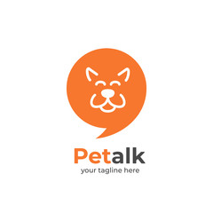 Pet talk logo idea with happy dog outline face silhouette inside bubble chat speak icon