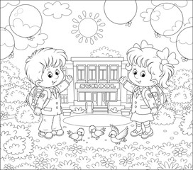 The first of September. Happy schoolchildren with schoolbags and colorful balloons standing in front of their school on a sunny day, black and white vector illustration in a cartoon style