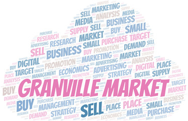 Granville Market word cloud. Vector made with text only.