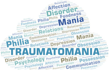 Traumatomania word cloud. Type of mania, made with text only.