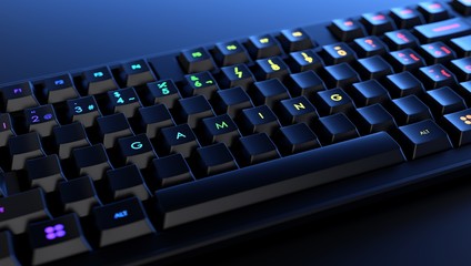 Mechanical keyboard with the word gaming illuminated on the keys. Gamer keyboard banner.