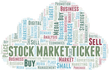 Stock Market Ticker word cloud. Vector made with text only.