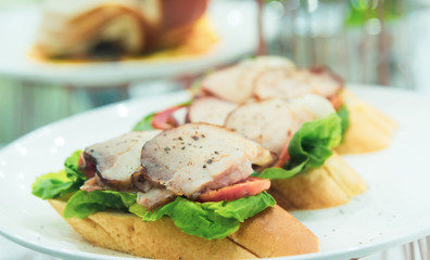 Delicious sandwiches in plate, fast food for breakfast or lunch