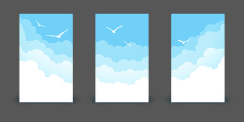 Set of vertical banners with clouds and shiny stars on night sky