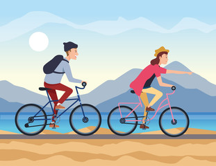 Young couple travel in bikes