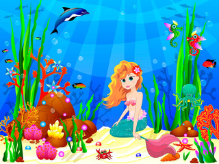 Little Mermaid among the inhabitants of the underwater world