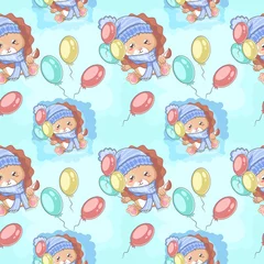 Photo sur Plexiglas Animaux avec ballon lion mignon heureux dessiné à la main avec des ballons et un ensemble de motifs