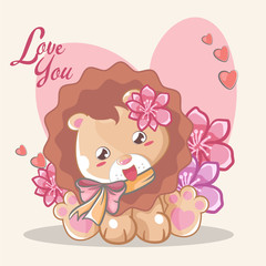 hand drawn happy cute lion with flowers for kids