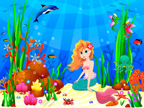Little Mermaid among the inhabitants of the underwater world
